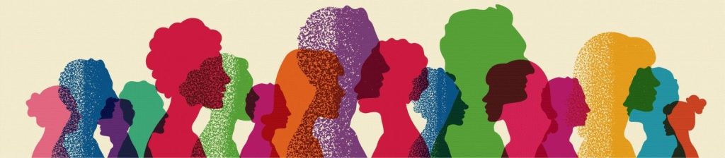 Illustration of many heads, in different bright colors, in profile